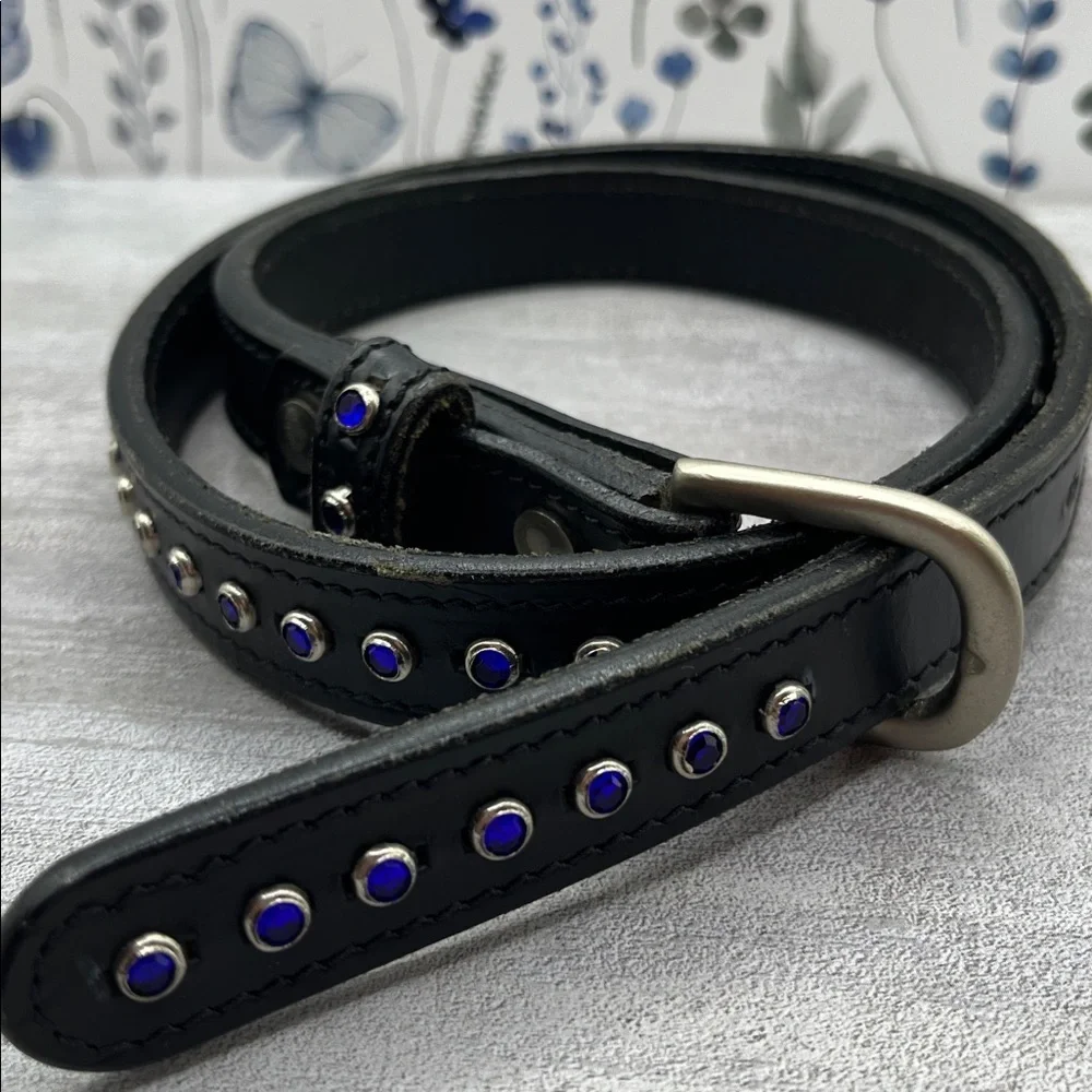 Black Leather Belt with Cobalt  Blue Accents Rhinestone Silver Tone Size 28